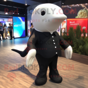 Black Beluga Whale mascot costume character dressed with a Playsuit and Tie pins