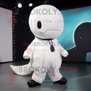 Black Beluga Whale mascot costume character dressed with a Playsuit and Tie pins