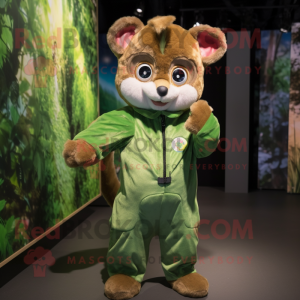 Forest Green Dormouse mascot costume character dressed with a Jumpsuit and Hair clips