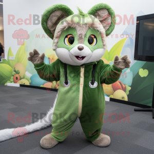 Forest Green Dormouse mascot costume character dressed with a Jumpsuit and Hair clips