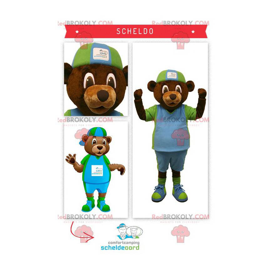 Brown bear mascot in green and blue outfit - Redbrokoly.com