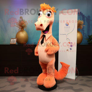 Peach Sea Horse mascot costume character dressed with a Polo Shirt and Tie pins