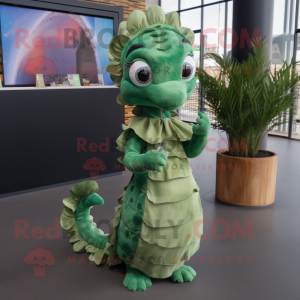 Olive Seahorse mascot costume character dressed with a Wrap Skirt and Lapel pins