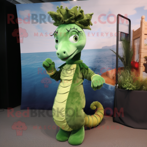 Olive Seahorse mascot costume character dressed with a Wrap Skirt and Lapel pins