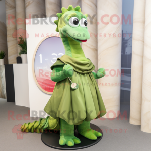 Olive Seahorse mascot costume character dressed with a Wrap Skirt and Lapel pins