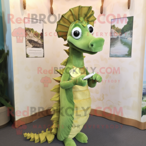 Olive Seahorse mascot costume character dressed with a Wrap Skirt and Lapel pins