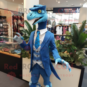 Blue Utahraptor mascot costume character dressed with a Suit and Hair clips