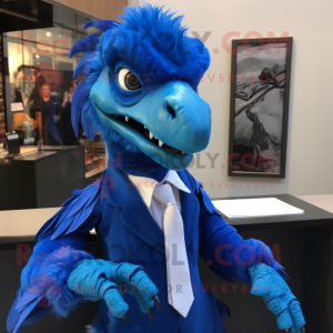 Blue Utahraptor mascot costume character dressed with a Suit and Hair clips