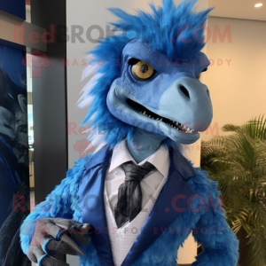 Blue Utahraptor mascot costume character dressed with a Suit and Hair clips