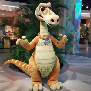 Tan Brachiosaurus mascot costume character dressed with a Button-Up Shirt and Bracelets