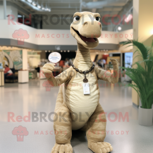 Tan Brachiosaurus mascot costume character dressed with a Button-Up Shirt and Bracelets