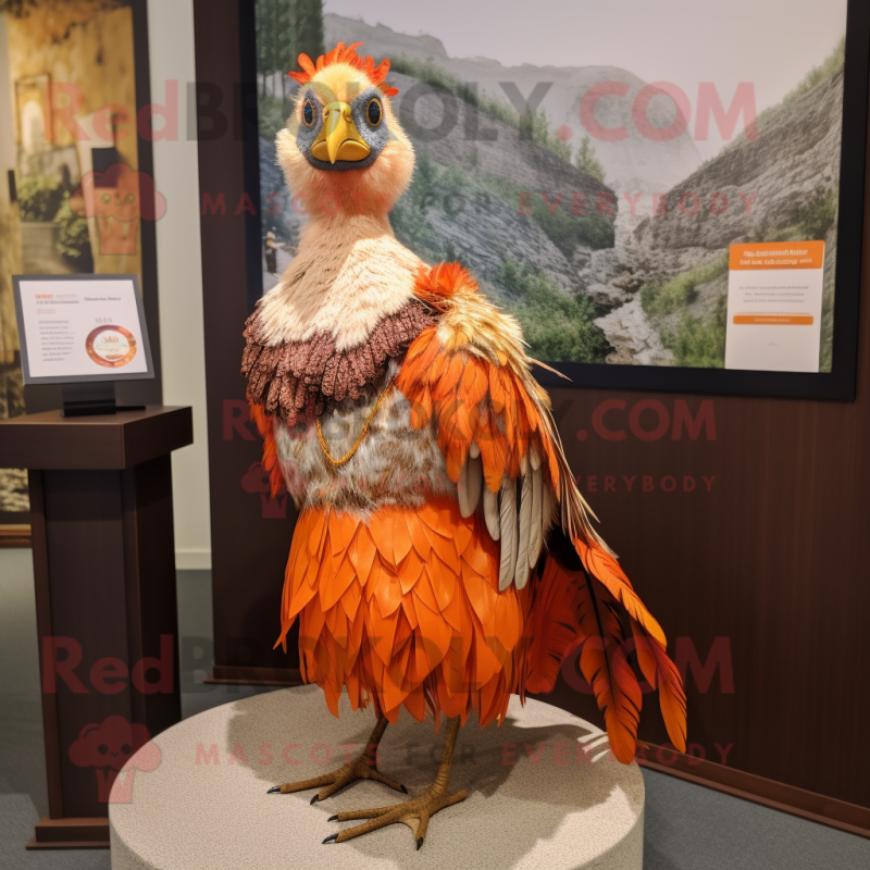 Orange Pheasant mascot costume character dressed with a Pencil Skirt and Shawl pins Orange Pheasant mascot costume character dressed with a Pencil Skirt and Shawl pins