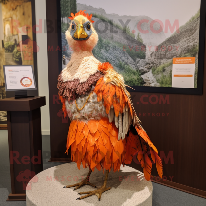 Orange Pheasant mascot costume character dressed with a Pencil Skirt and Shawl pins