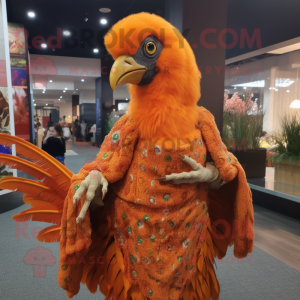 Orange Pheasant mascot costume character dressed with a Pencil Skirt and Shawl pins