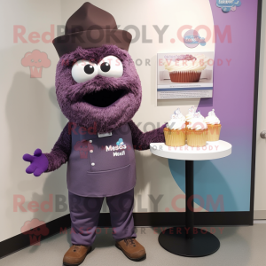 Purple Cupcake mascot costume character dressed with a Henley Tee and Hats