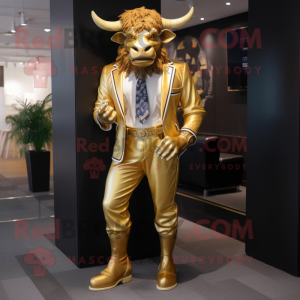 Gold Minotaur mascot costume character dressed with a Chinos and Pocket squares