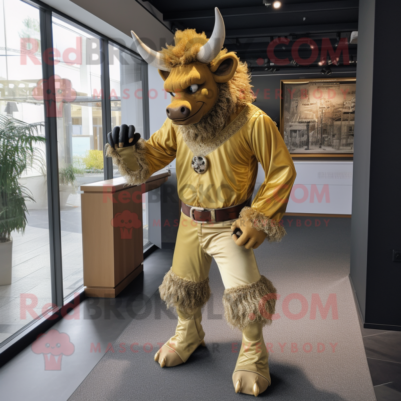 Gold Minotaur mascot costume character dressed with a Chinos and Pocket squares