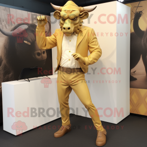 Gold Minotaur mascot costume character dressed with a Chinos and Pocket squares