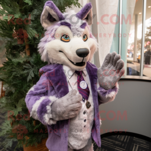 Lavender Wolf mascot costume character dressed with a Coat and Ties