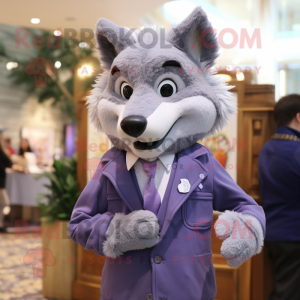 Lavender Wolf mascot costume character dressed with a Coat and Ties