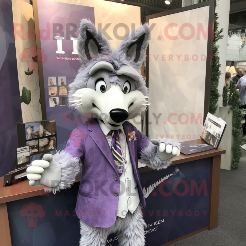 Lavender Wolf mascot costume character dressed with a Coat and Ties Lavender Wolf mascot costume character dressed with a Coat and Ties