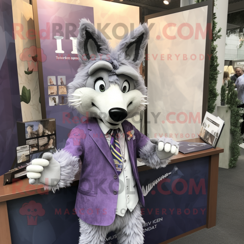 Lavender Wolf mascot costume character dressed with a Coat and Ties