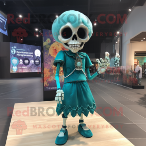 Teal Skull mascot costume character dressed with a Mini Dress and Anklets