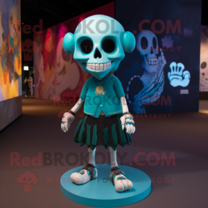 Teal Skull mascot costume character dressed with a Mini Dress and Anklets