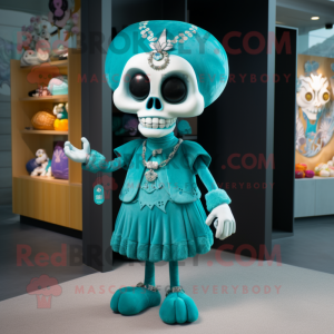 Teal Skull mascot costume character dressed with a Mini Dress and Anklets
