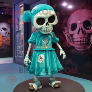 Teal Skull mascot costume character dressed with a Mini Dress and Anklets