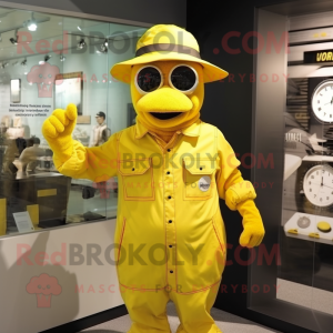 Yellow Wrist Watch mascot costume character dressed with a Playsuit and Hats