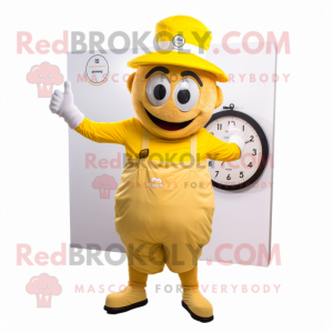 Yellow Wrist Watch mascot costume character dressed with a Playsuit and Hats