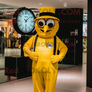 Yellow Wrist Watch mascot costume character dressed with a Playsuit and Hats