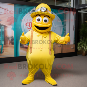 Yellow Wrist Watch mascot costume character dressed with a Playsuit and Hats