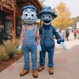 Blue Scarecrow mascot costume character dressed with a Boyfriend Jeans and Suspenders
