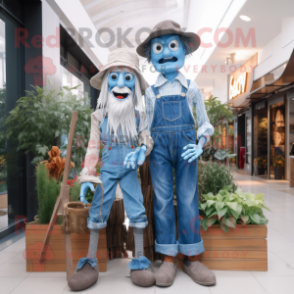 Blue Scarecrow mascot costume character dressed with a Boyfriend Jeans and Suspenders