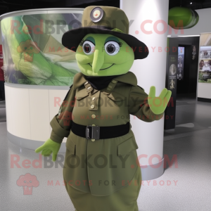 Olive Police Officer mascot costume character dressed with a Wrap Skirt and Gloves