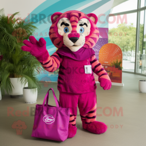 Magenta Tiger mascot costume character dressed with a Swimwear and Tote bags