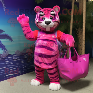 Magenta Tiger mascot costume character dressed with a Swimwear and Tote bags