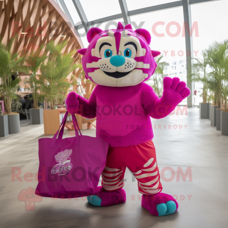 Magenta Tiger mascot costume character dressed with a Swimwear and Tote bags