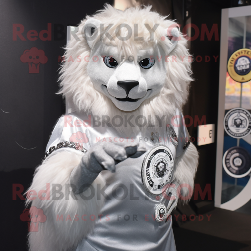 Silver Lion mascot costume character dressed with a Blouse and Rings