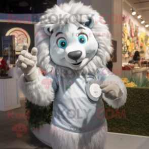 Silver Lion mascot costume character dressed with a Blouse and Rings