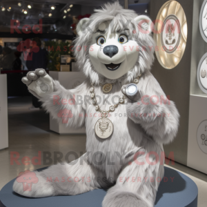 Silver Lion mascot costume character dressed with a Blouse and Rings