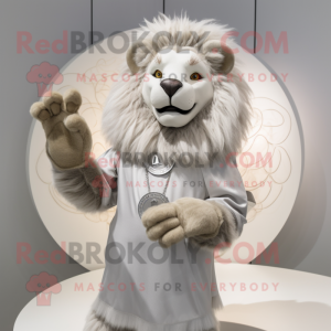 Silver Lion mascot costume character dressed with a Blouse and Rings