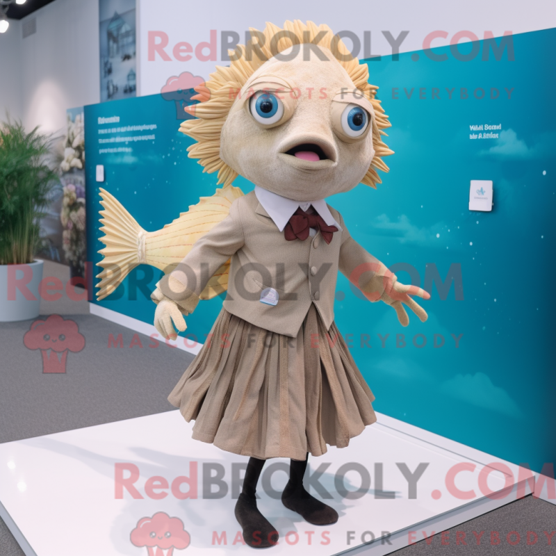 Fantasia de mascote peixe Betta bege com saia e abotoaduras - Mascotes de peixe beta - REBROKO_322026 - RedBrokoly.com