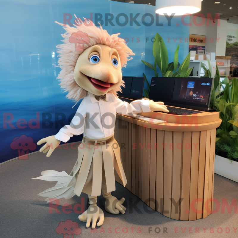 Fantasia de mascote peixe Betta bege com saia e abotoaduras - Mascotes de peixe beta - REBROKO_322027 - RedBrokoly.com