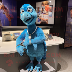 Blue Dodo Bird mascot costume character dressed with a Henley Shirt and Bracelet watches