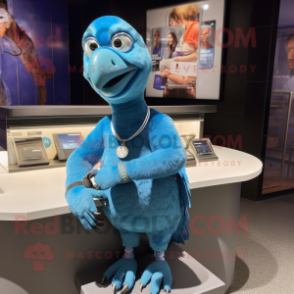 Blue Dodo Bird mascot costume character dressed with a Henley Shirt and Bracelet watches