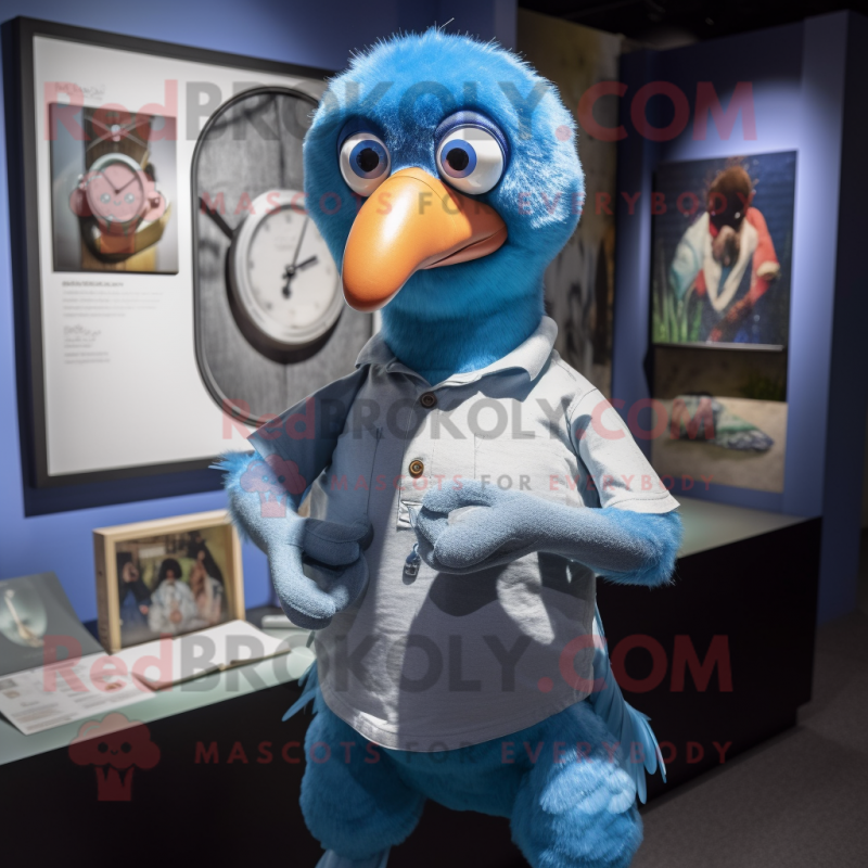 Blue Dodo Bird mascot costume character dressed with a Henley Shirt and Bracelet watches