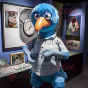 Blue Dodo Bird mascot costume character dressed with a Henley Shirt and Bracelet watches